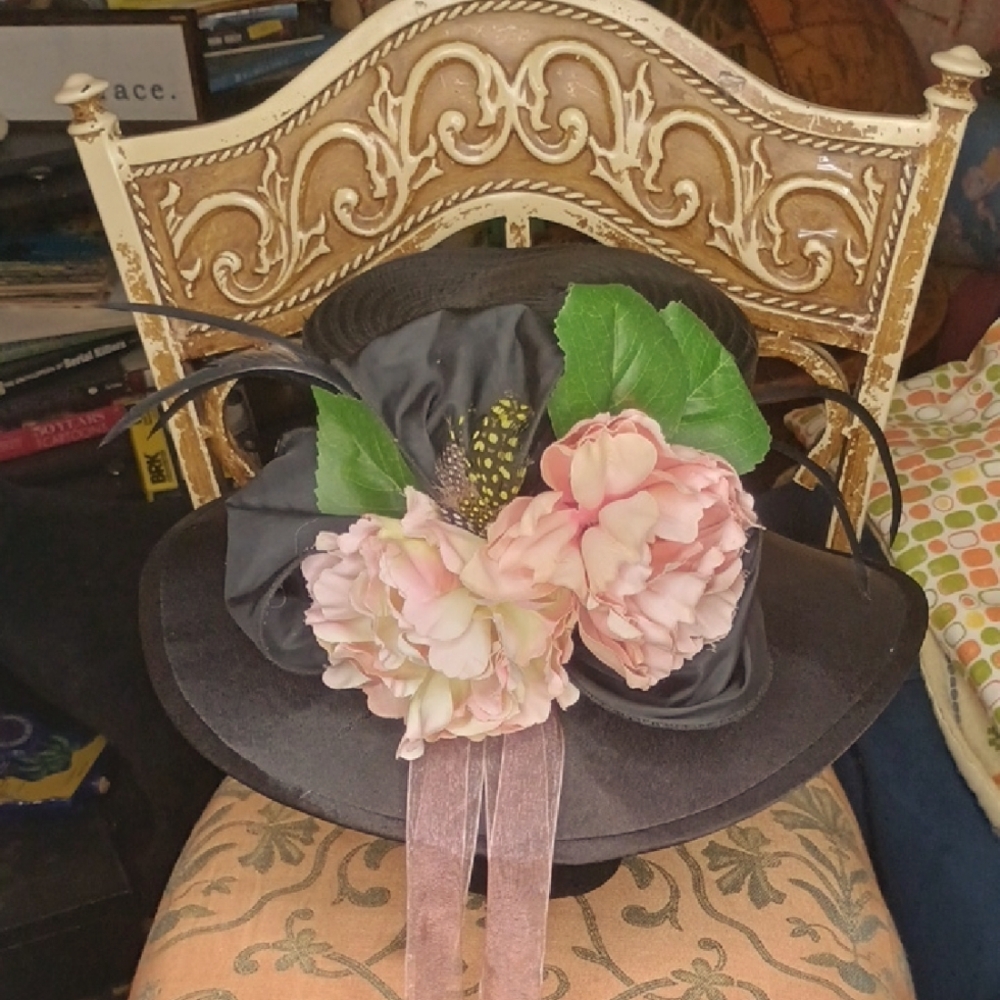 KY Derby Elegant Black Hat with Pink Floral Accents